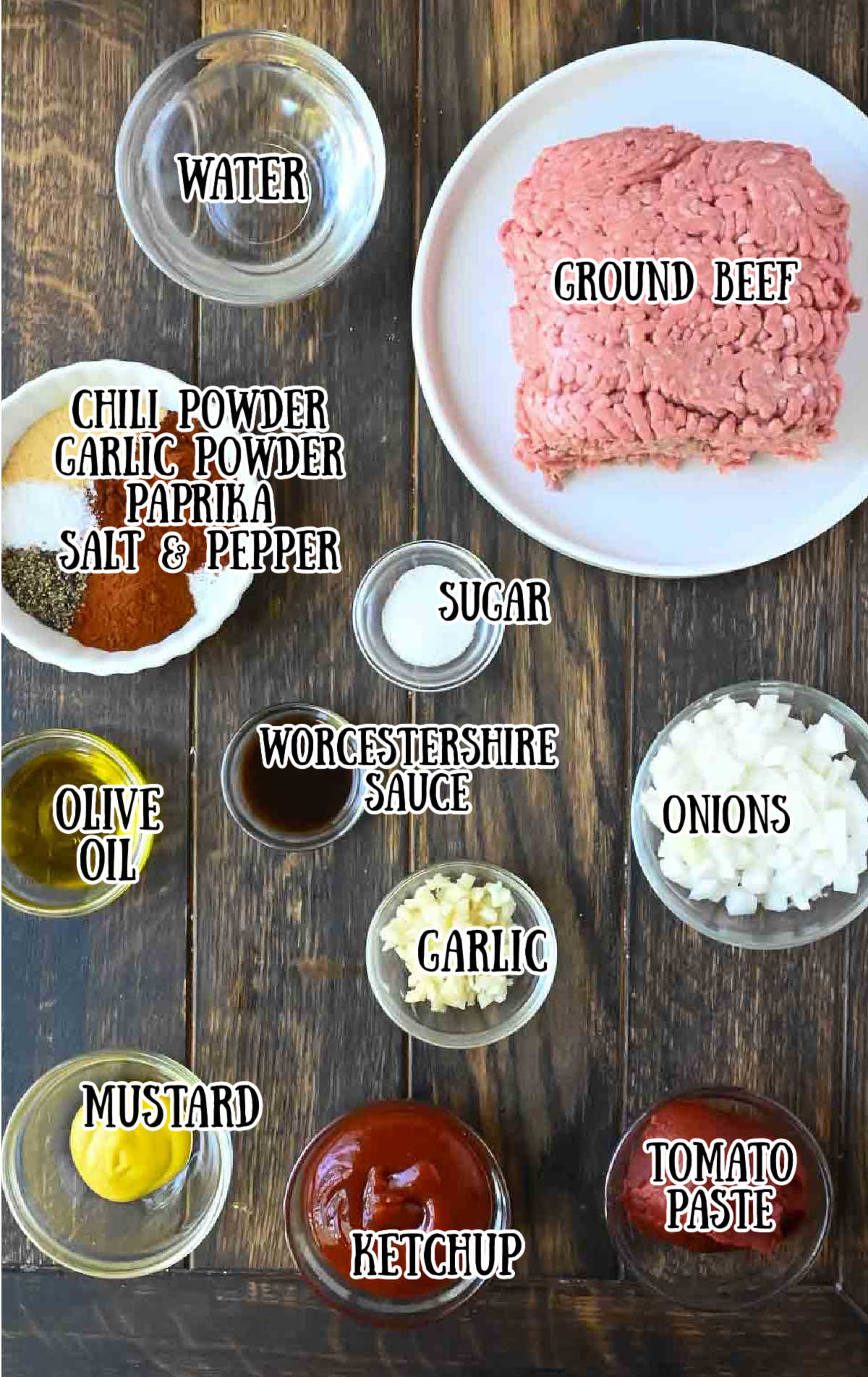 All of the ingredients for the hot dog chili sauce.