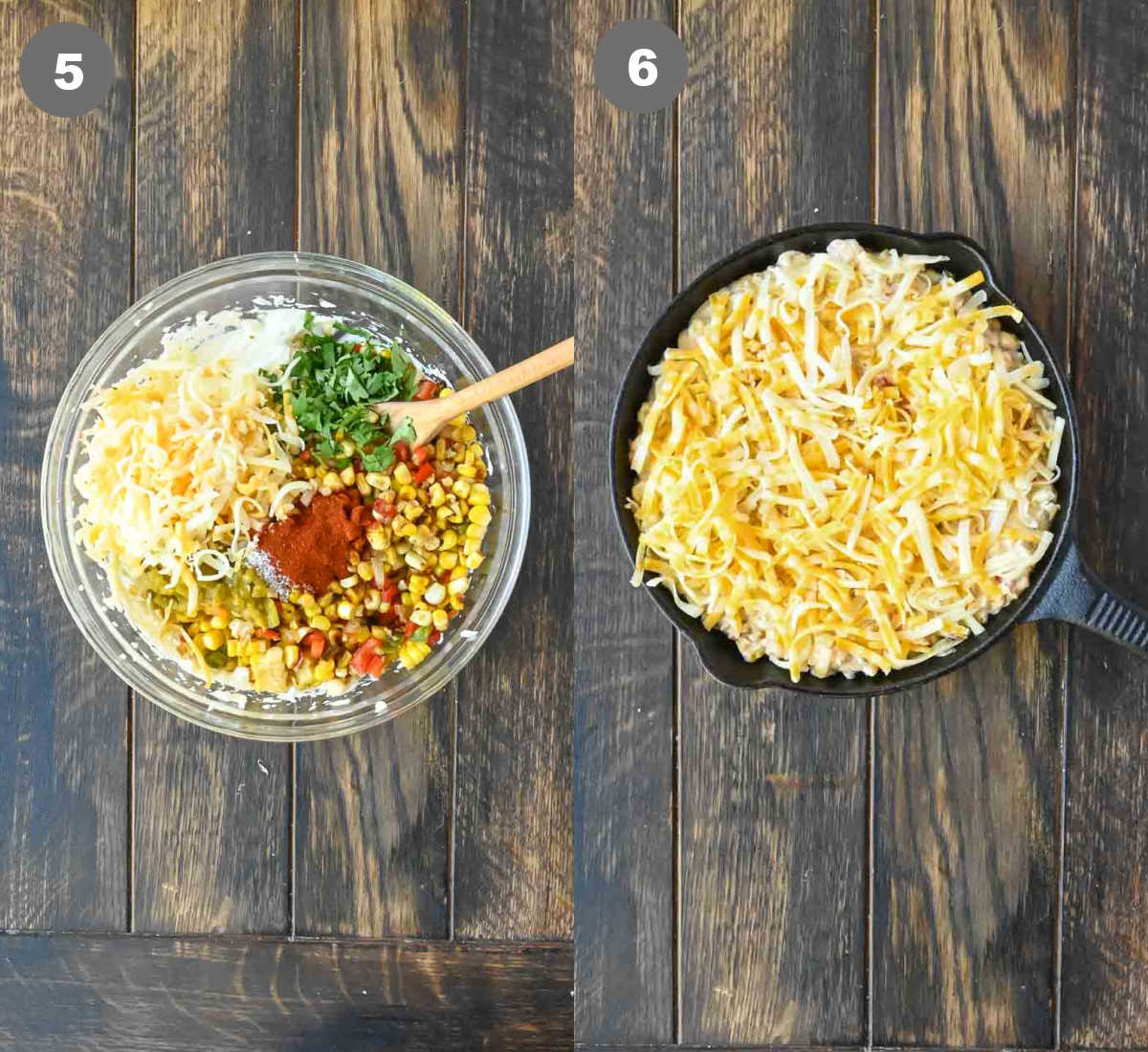 Steps 5 and 6 for making jalapeno corn dip.