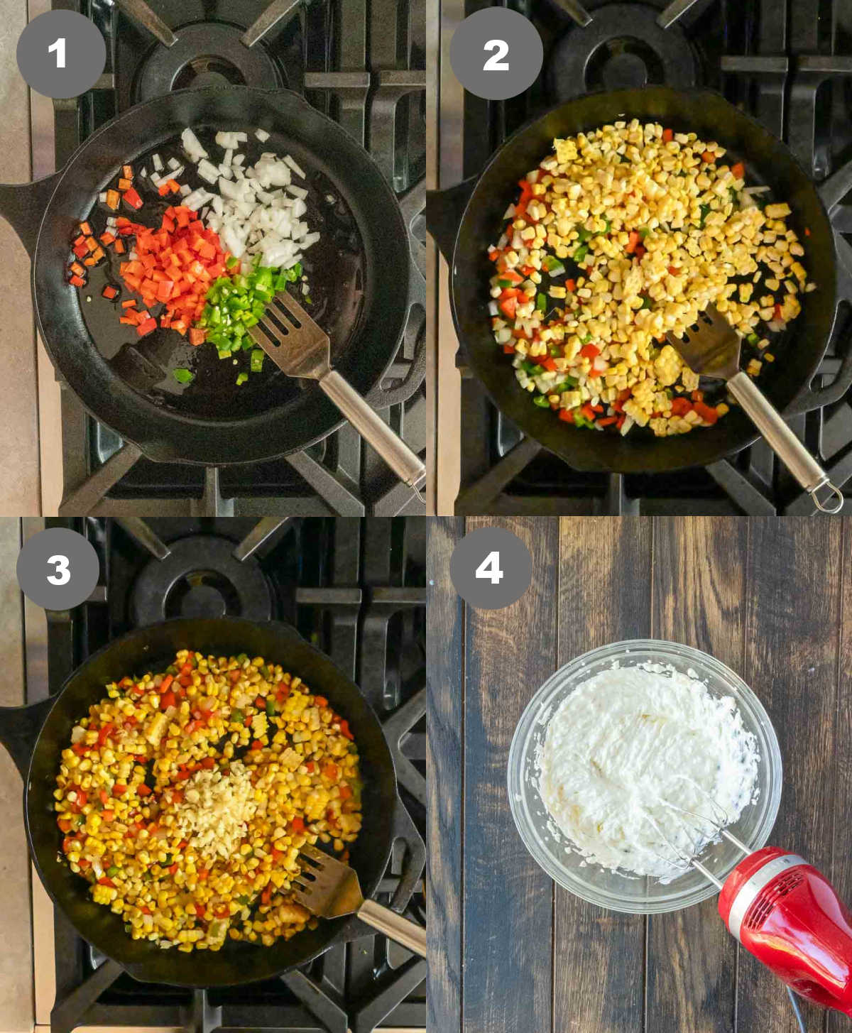 Steps 1 through 4 for making jalapeno corn dip.