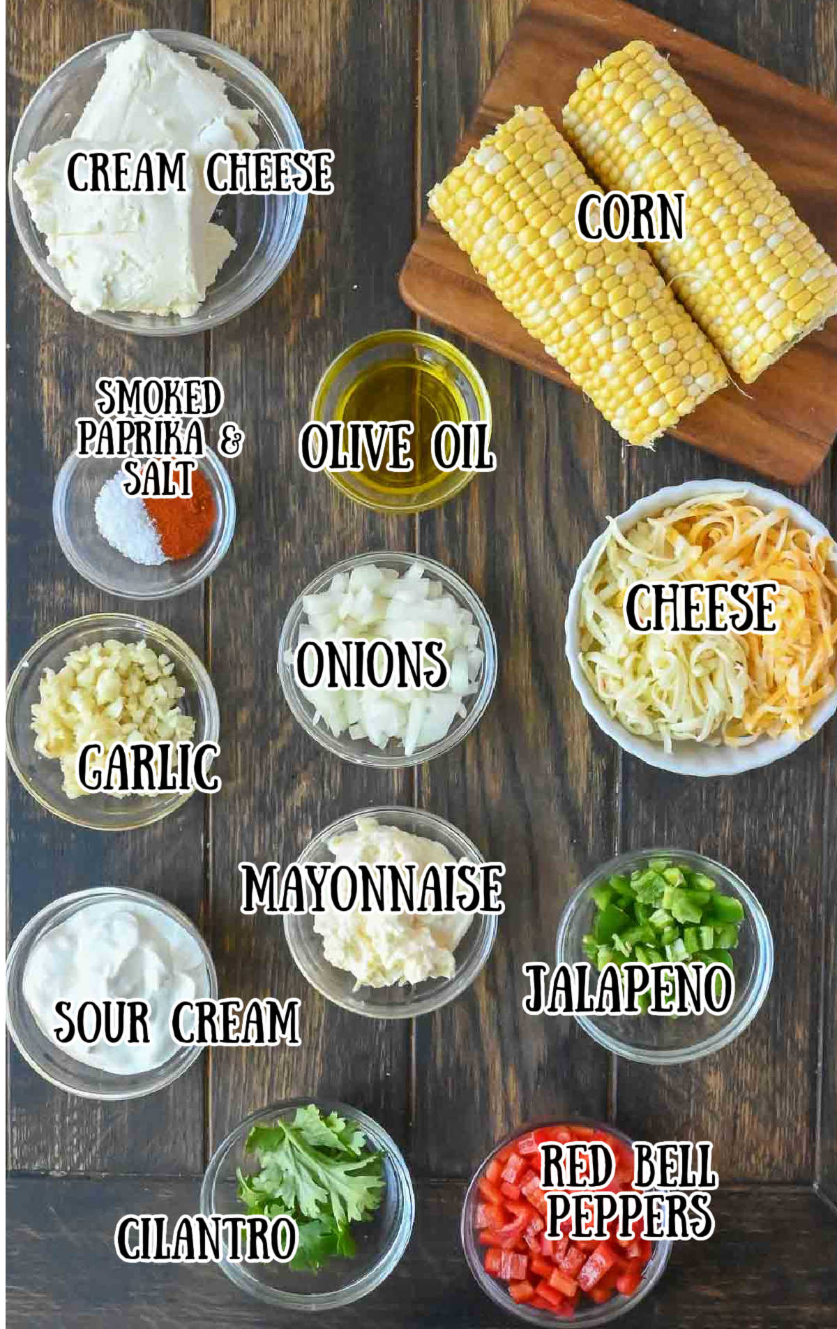 Labeled ingredients for jalapeno corn dip.