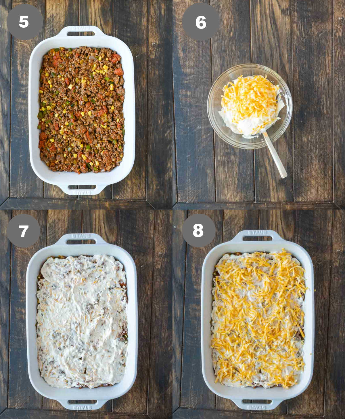 Ground beef misxture placed on top of dough in a baking dish followed by a layer of cheese.