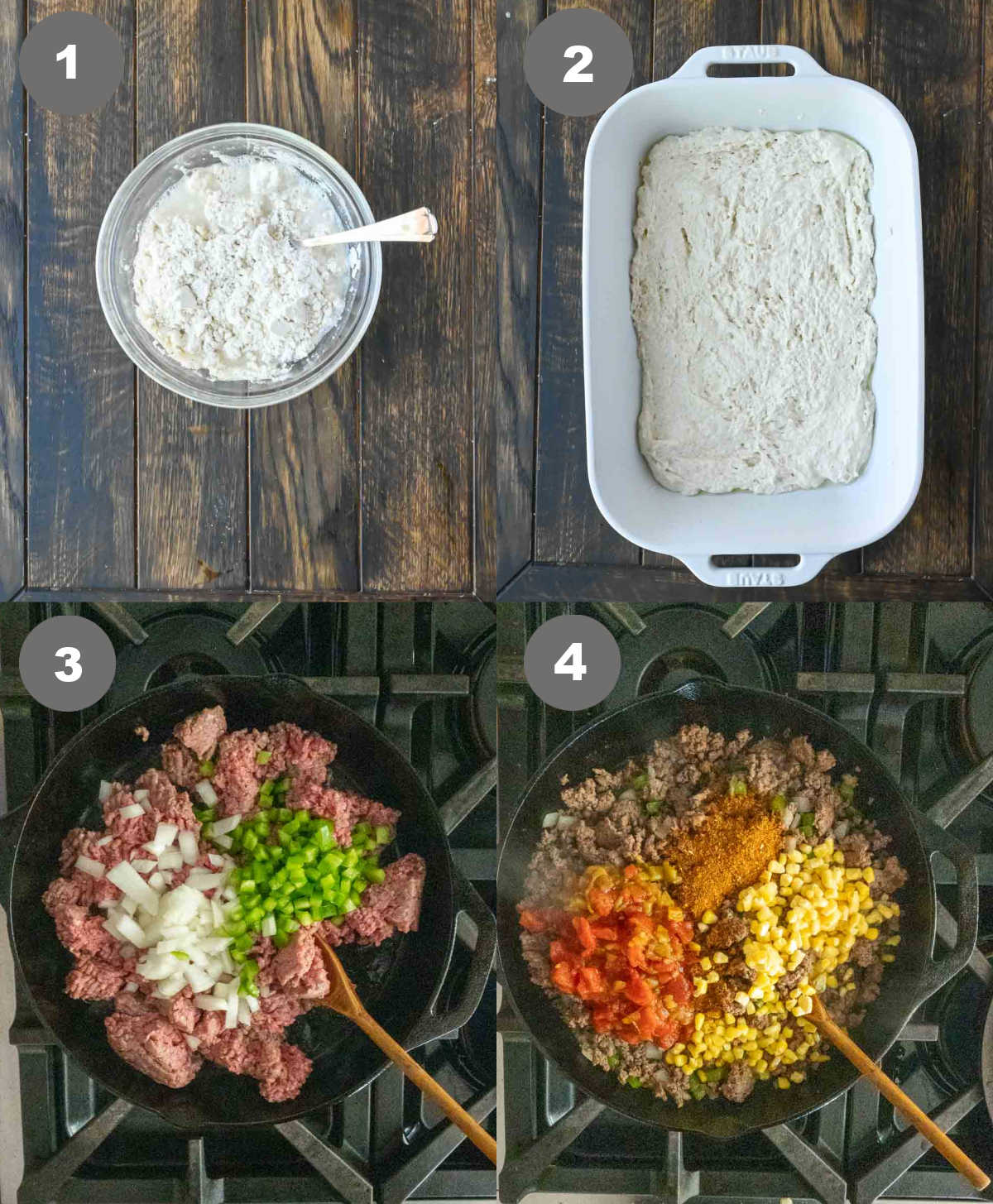 Dough batter mixed in a bowl and ground beef sauteed in a skillet.