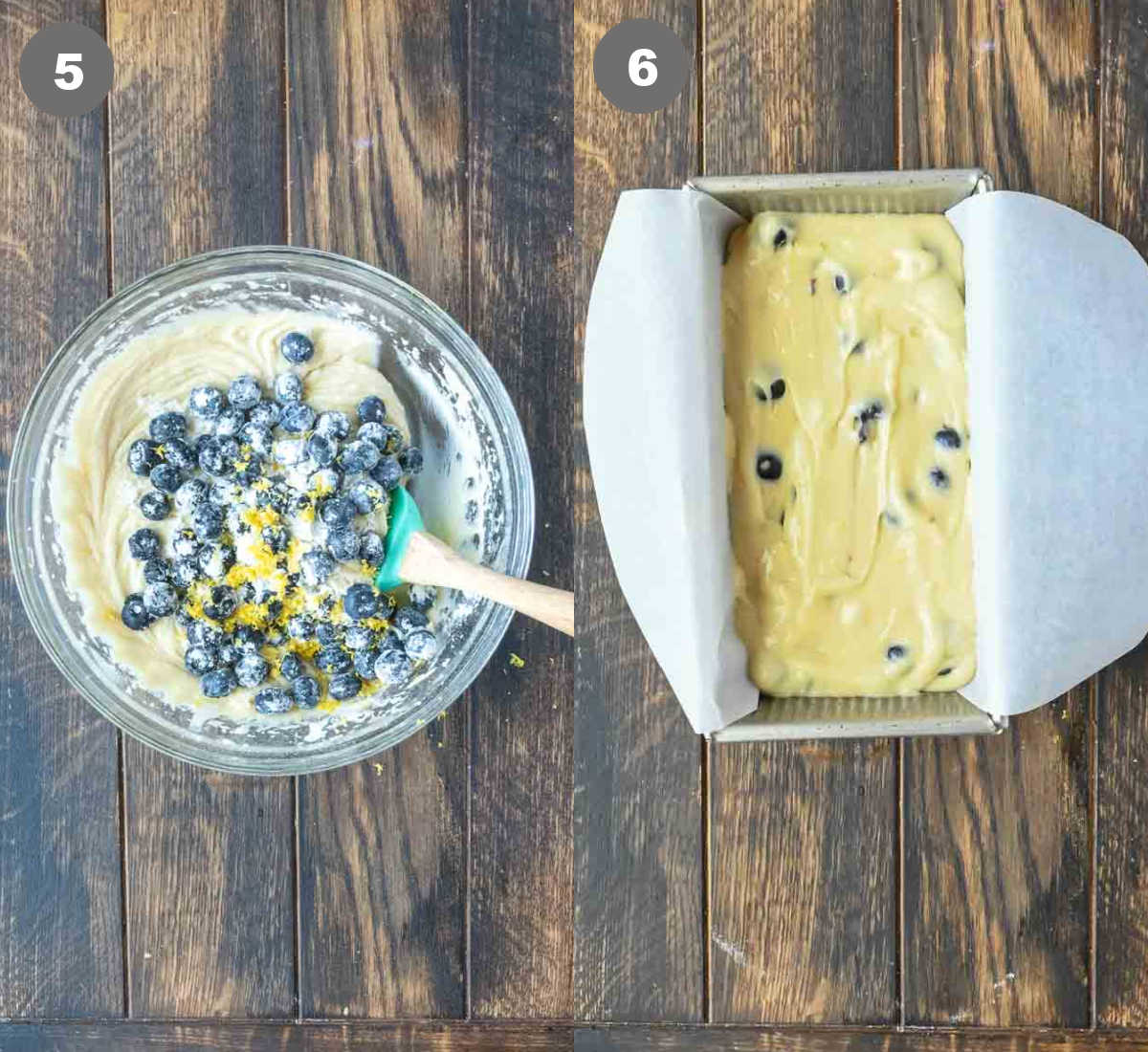 Blueberries mixed in a bowl then placed in a loaf pan.