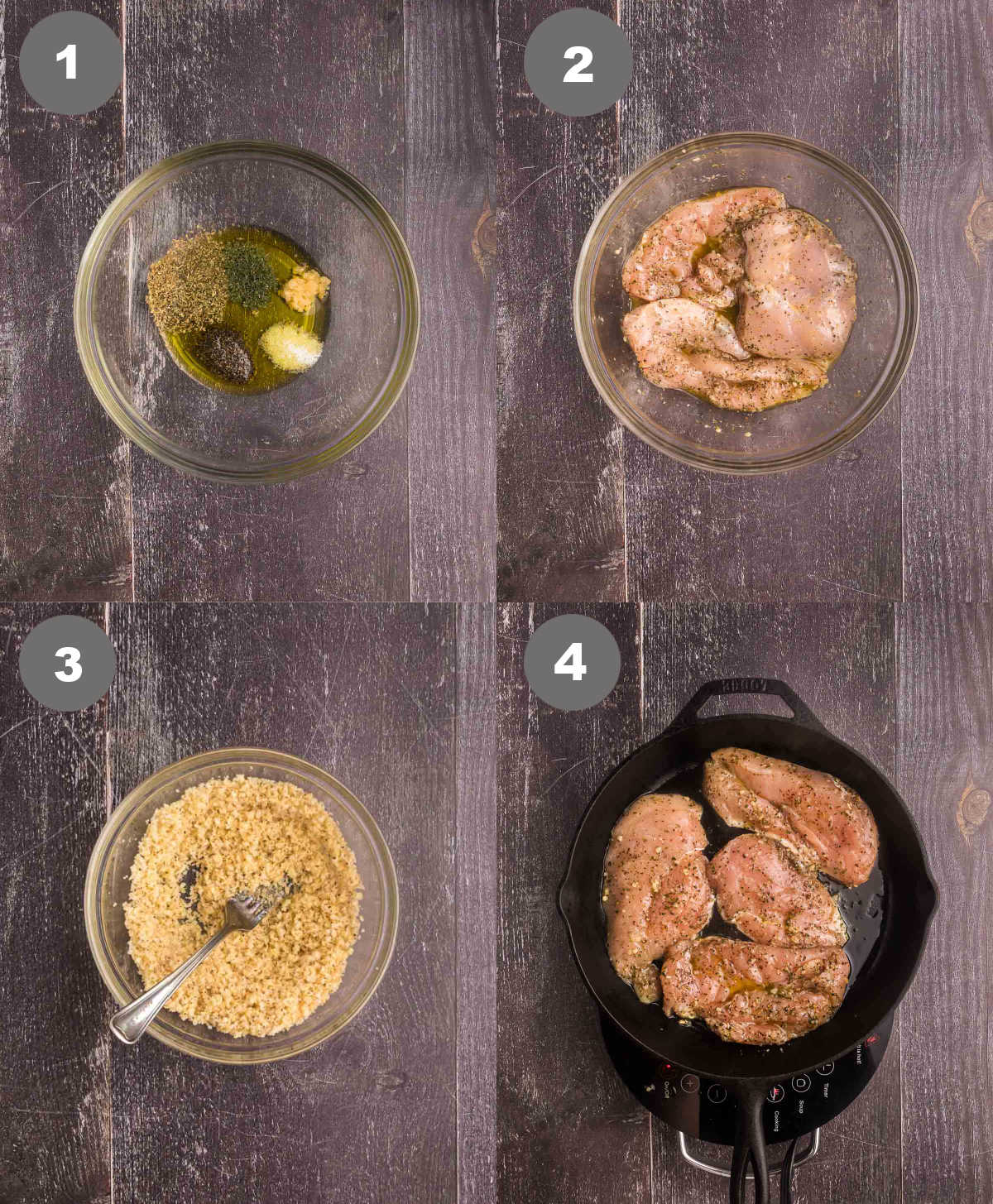 Steps 1 through 4 for making longhorn steakhouse parmesan crusted chicken.