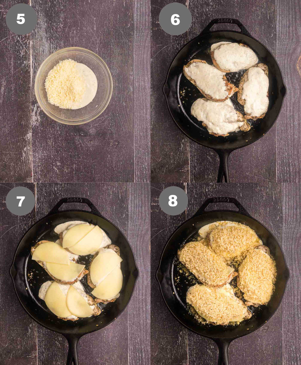 Steps 5 through 8 for making parmesan crusted chicken.