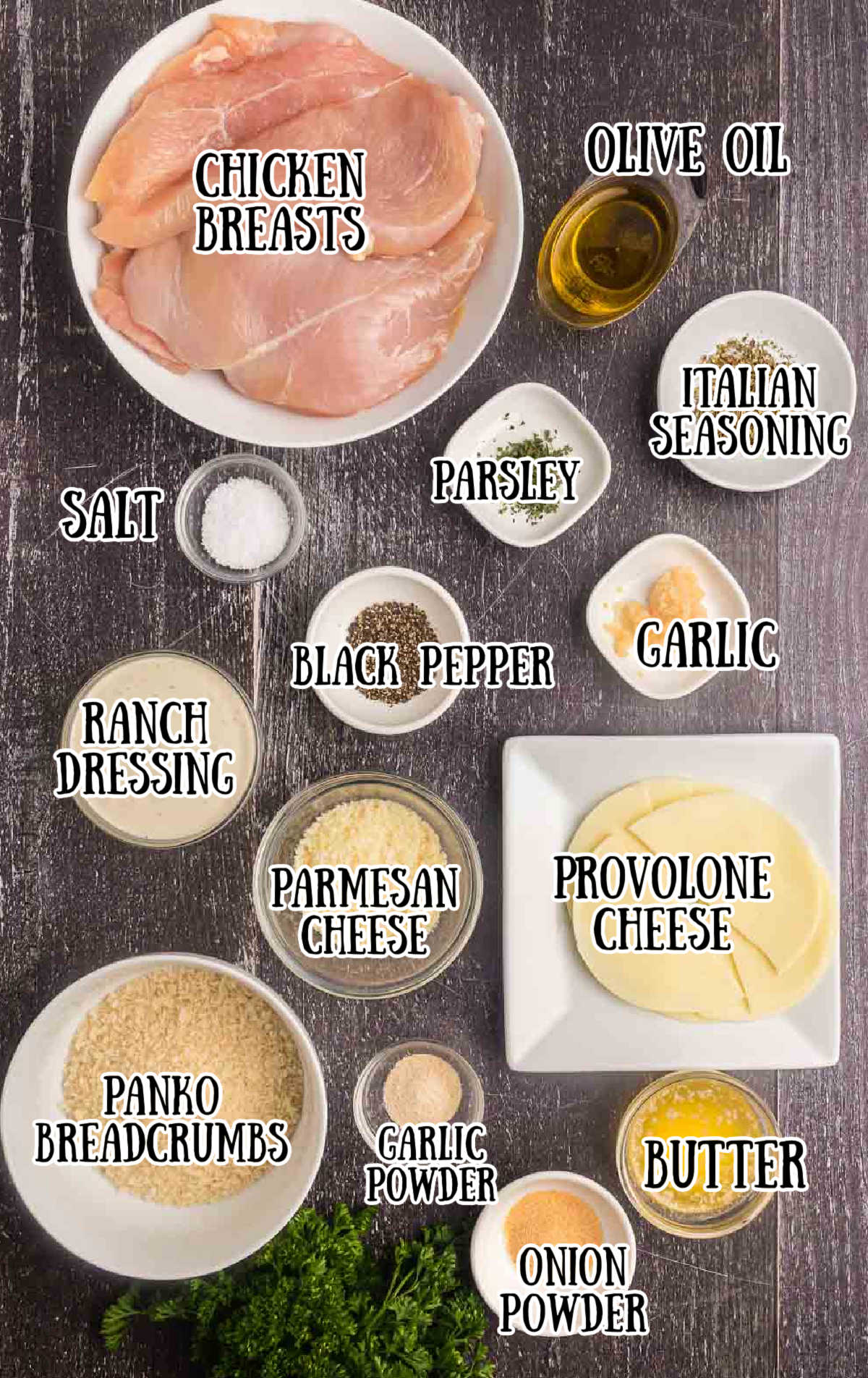 Labeled ingredients for longhorn steakhouse parmesan crusted chicken.