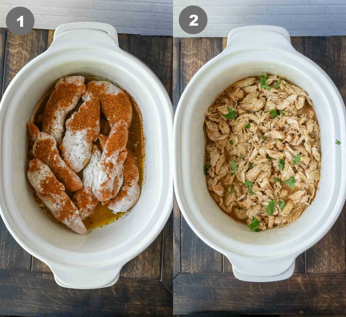 Steps 1 and 2 for making ranch chicken tacos.