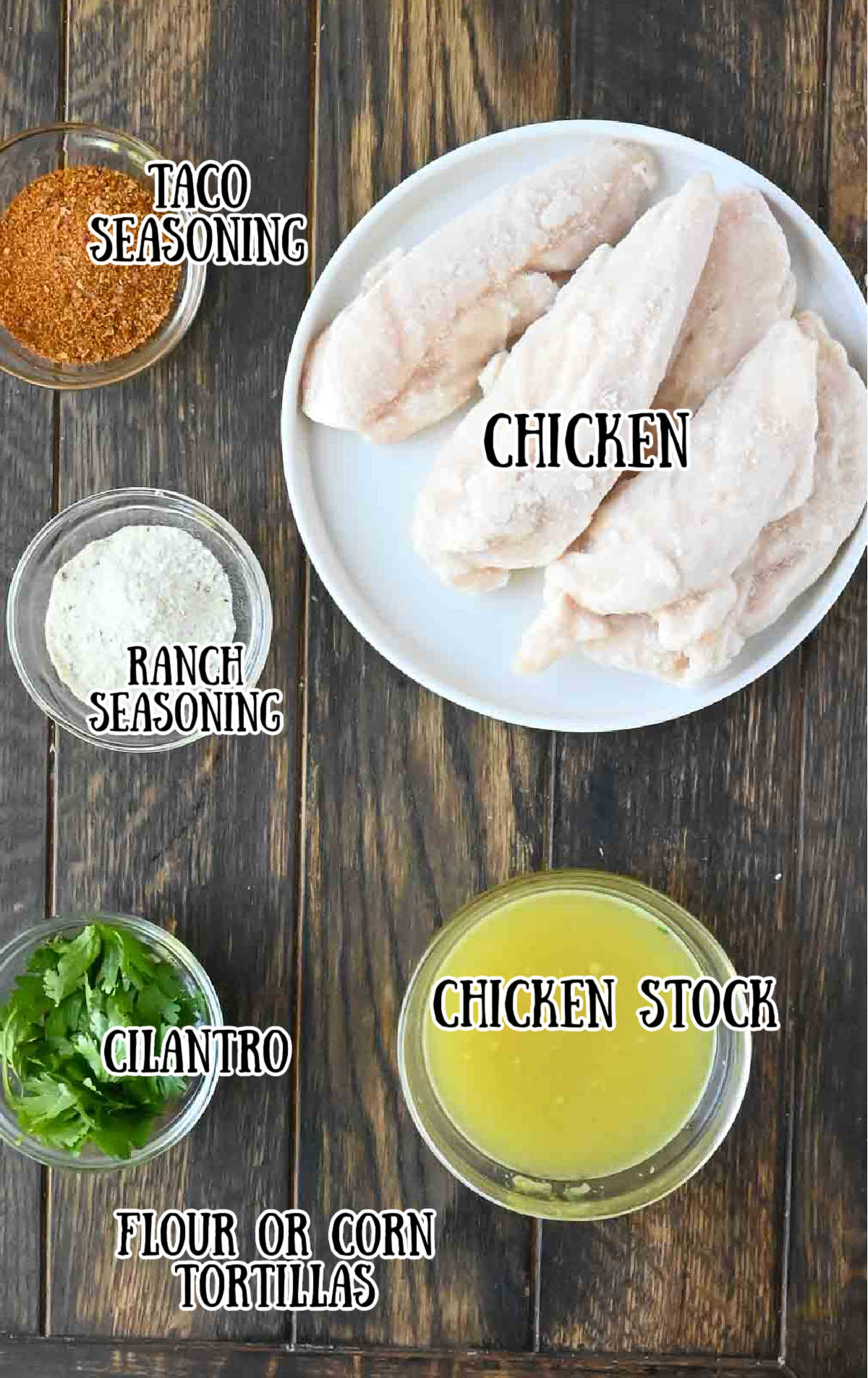 Labeled ingredients for slow cooker ranch chicken tacos.