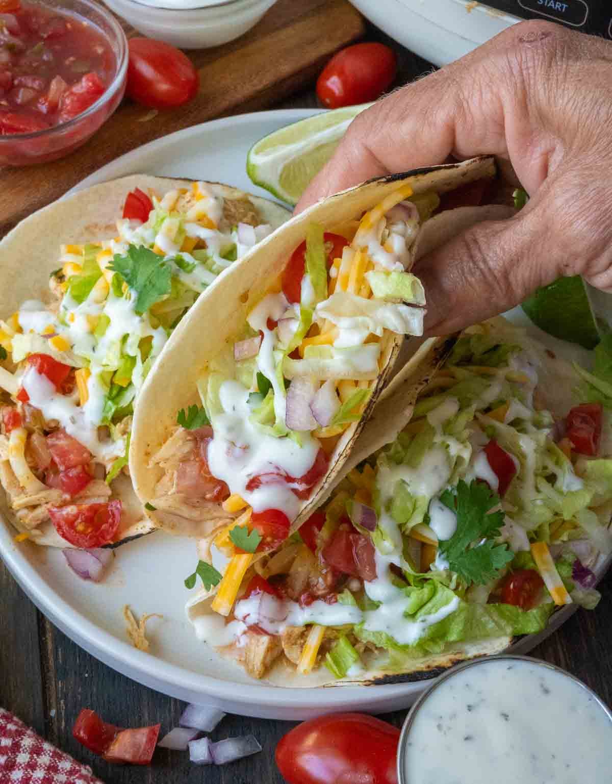 Holding a slow cooker ranch chicken taco.