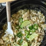 Pinterest graphic featuring slow cooker salsa verde chicken.