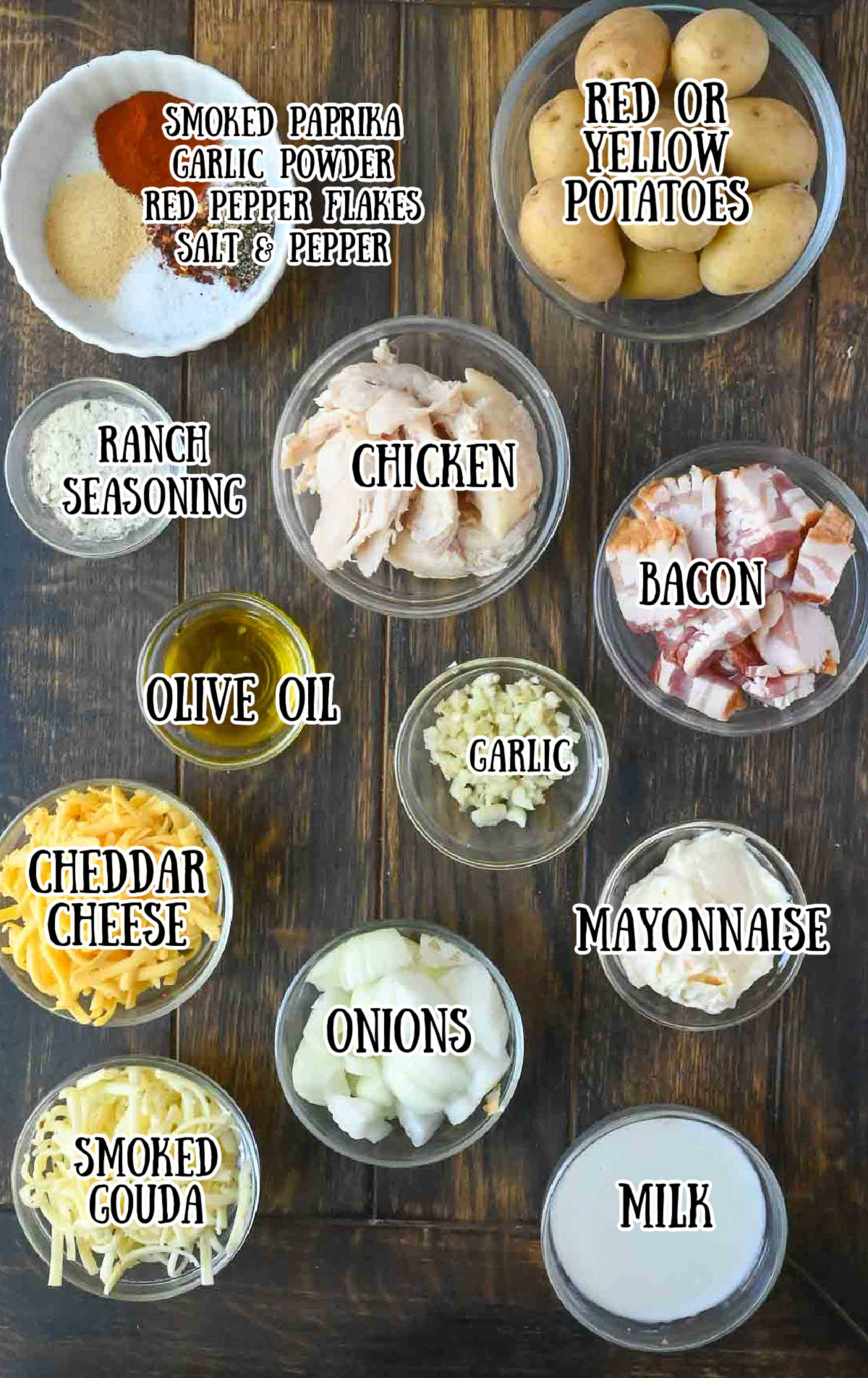 All the ingredients needed for this potato bake.