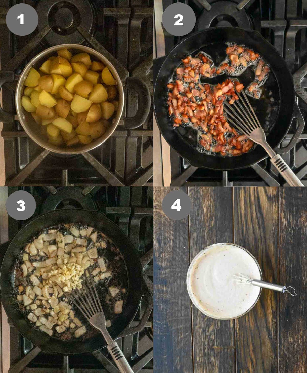 Potatoes par boiled in a pan and bacon cooked in a skillet.
