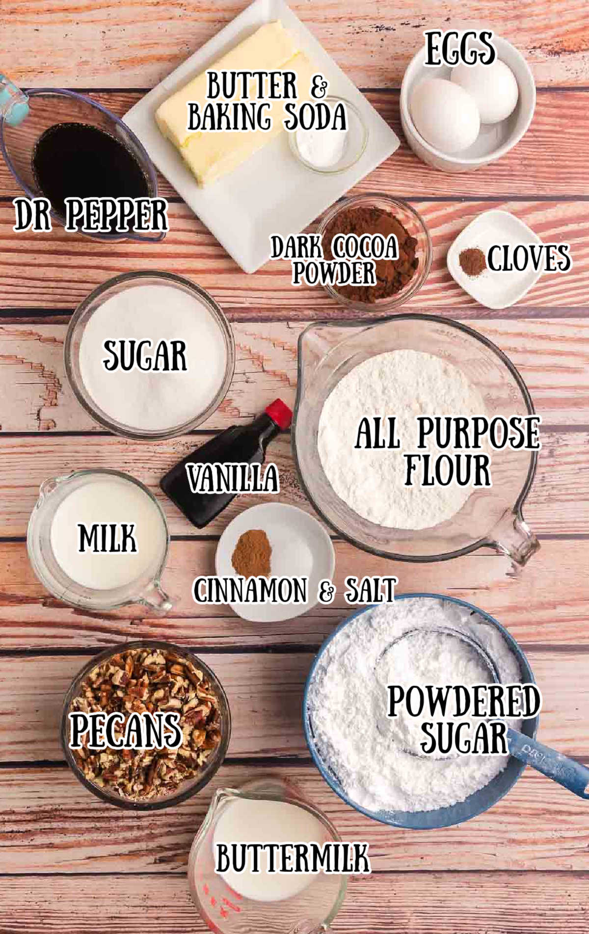 Labeled ingredients for Dr Pepper cake.