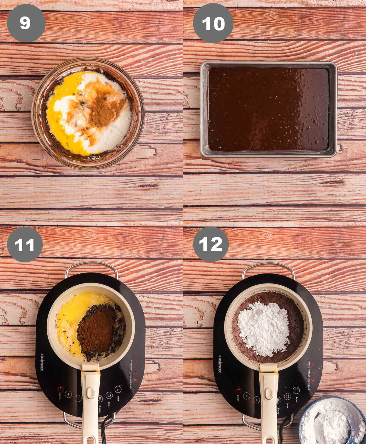 Steps 9 through 12 for making dr pepper cake.