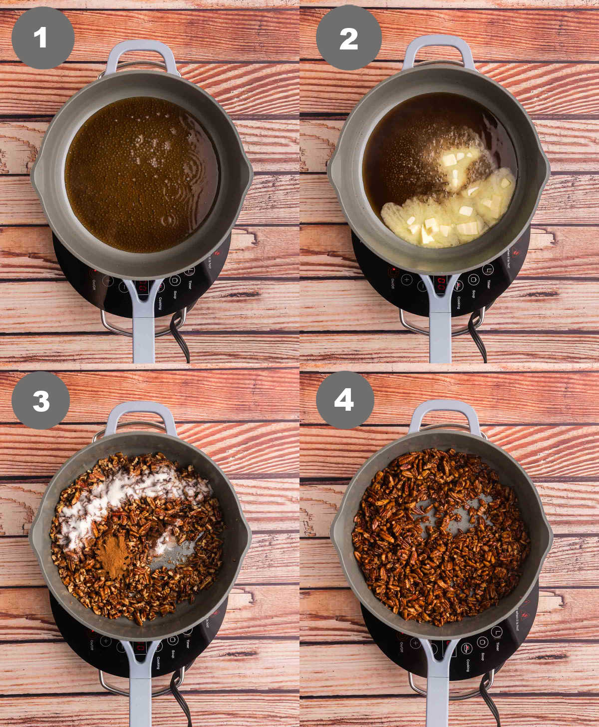 Steps 1 through 4 for making dr pepper cake.