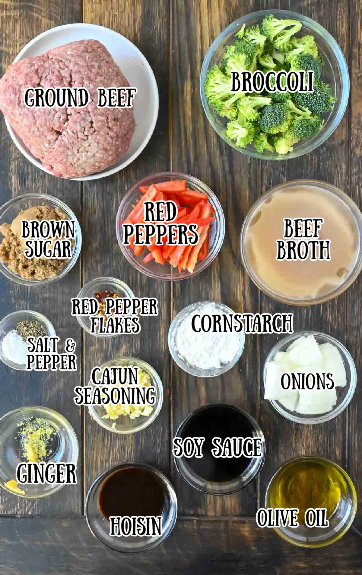 Labeled ingredients for ground beef and broccoli.