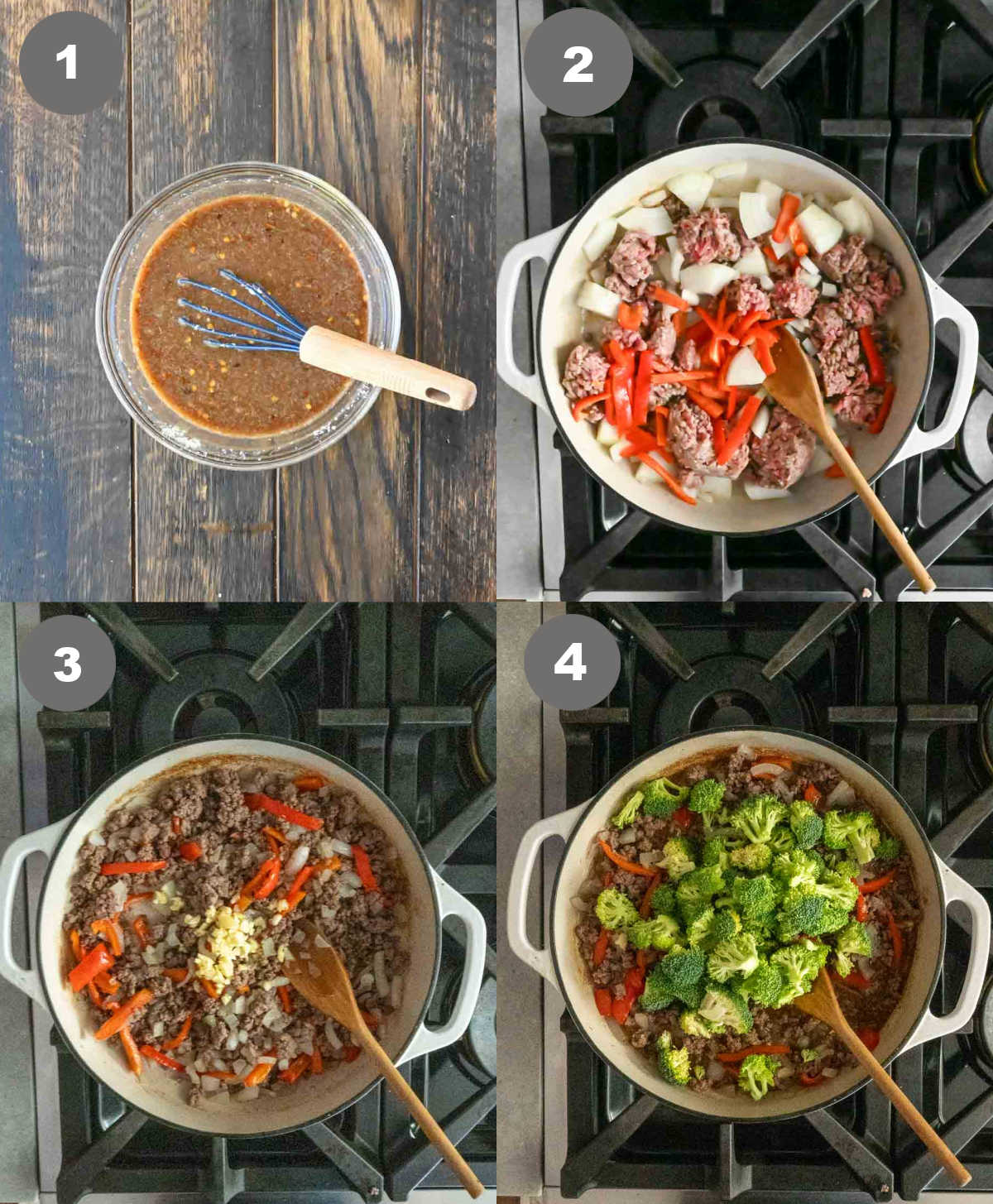 Steps 1 through 4 for making ground beef and broccoli.
