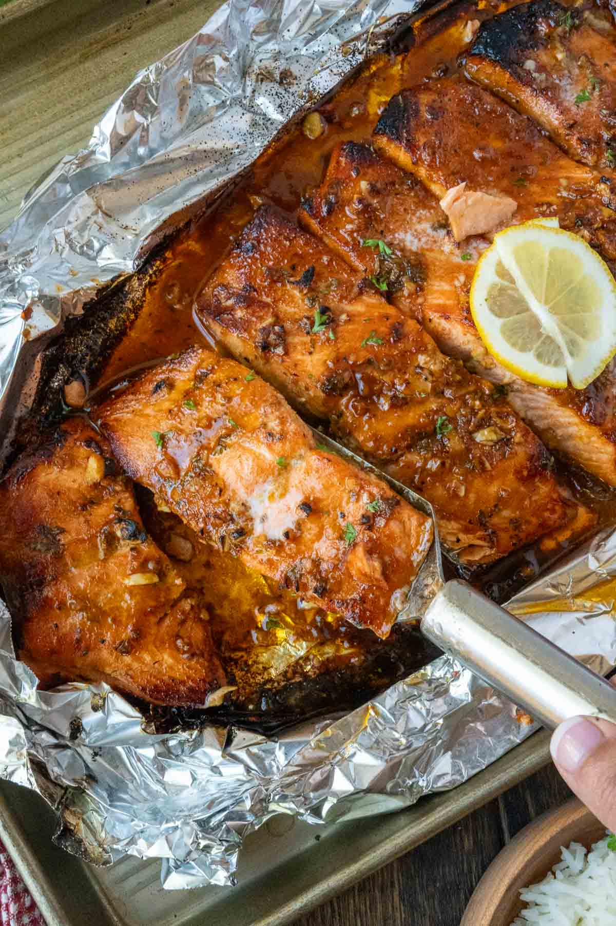 Baked steelhead trout in aluminum.