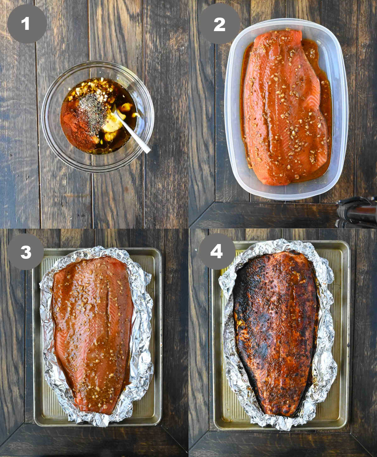 Steps 1 through 4 for making honey baked steelhead trout.