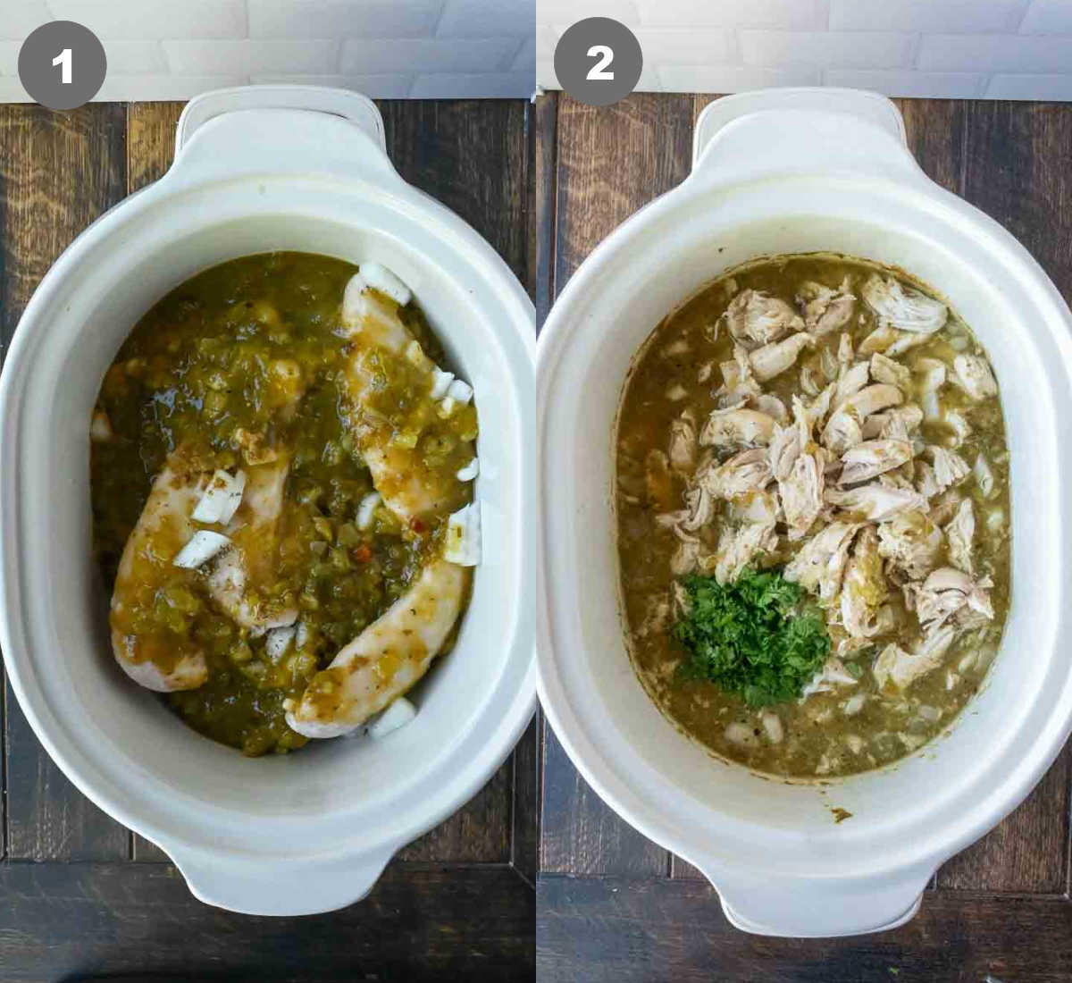 Steps 1 and 2 for making salsa verde chicken.