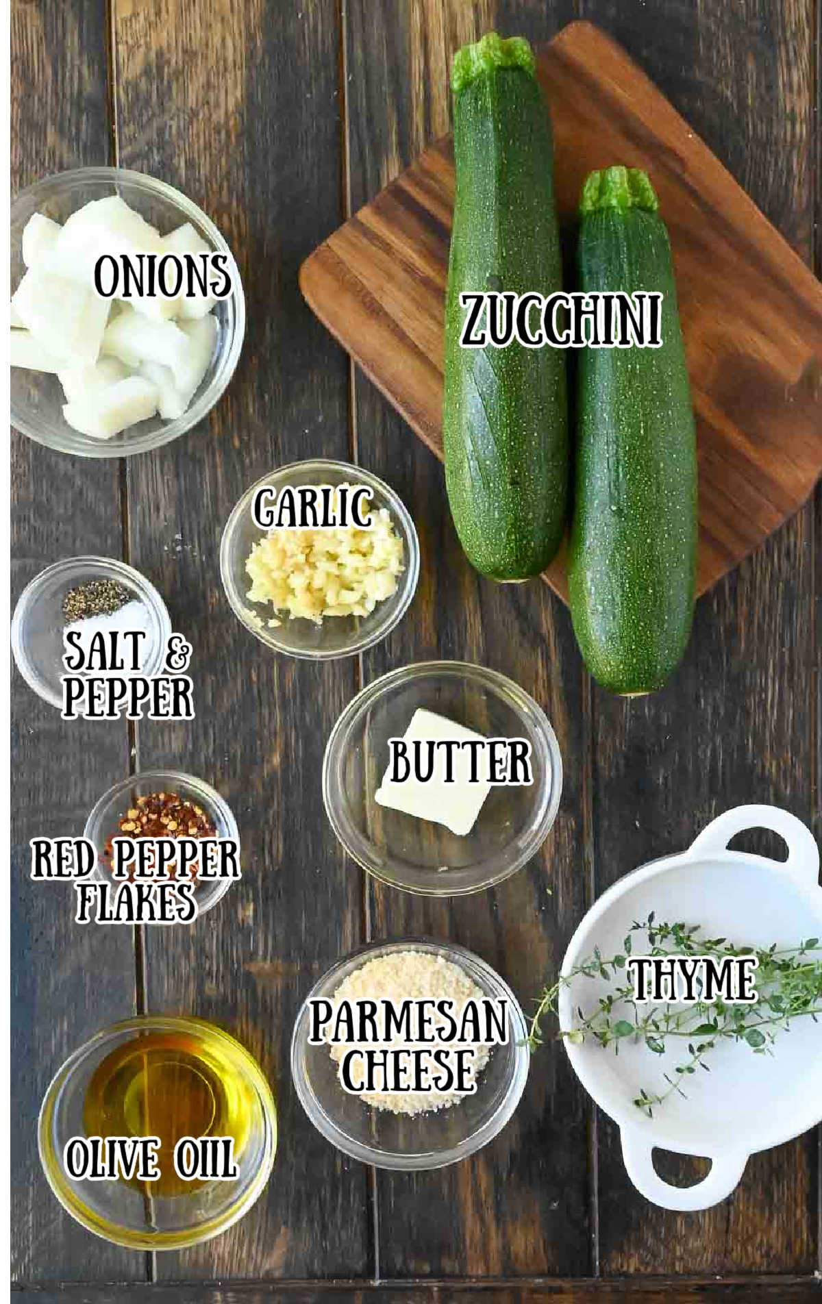 Labeled ingredients for sauteed zucchini and onions.
