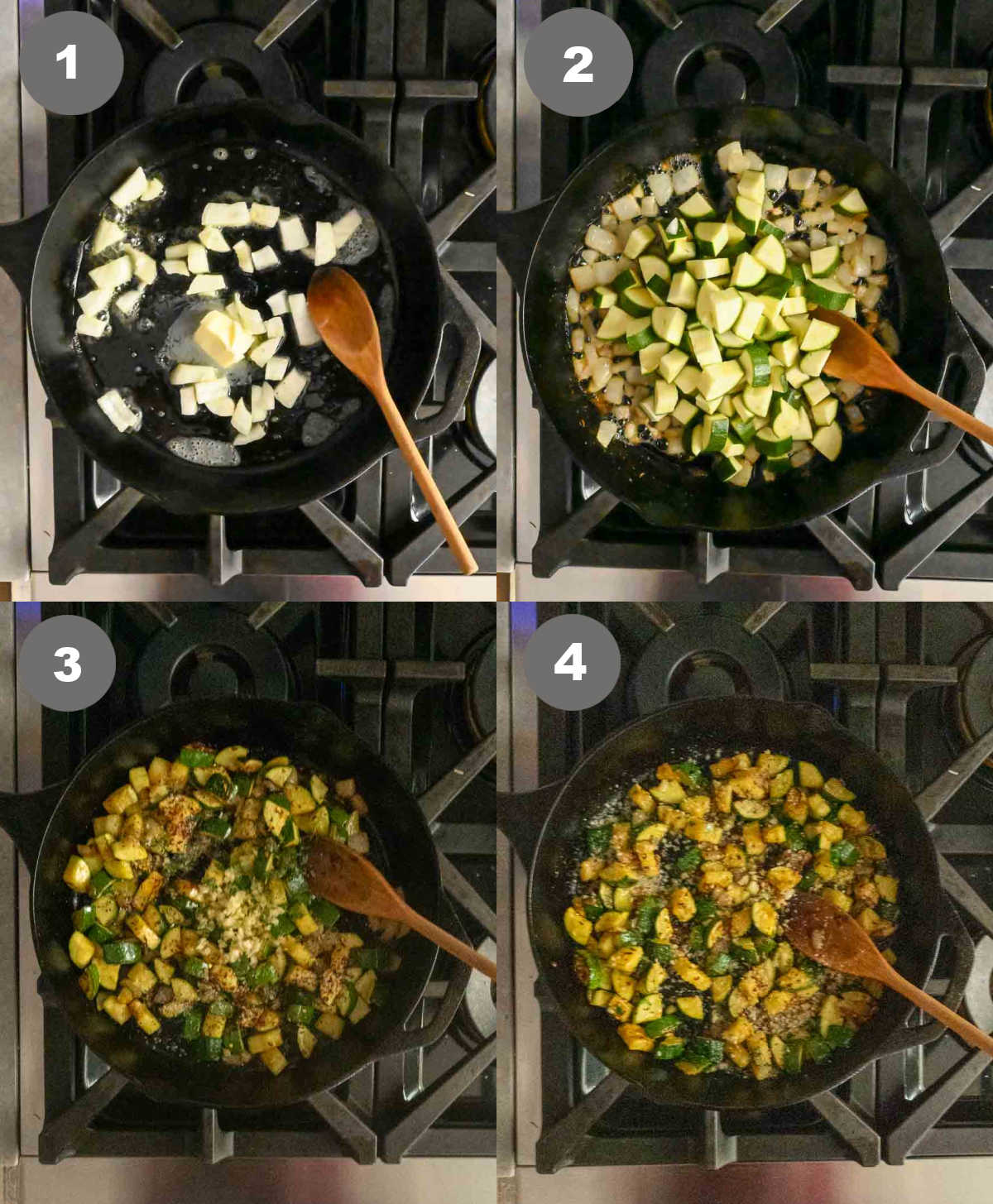 Steps 1 through 4 for making sauteed zucchini and onions.
