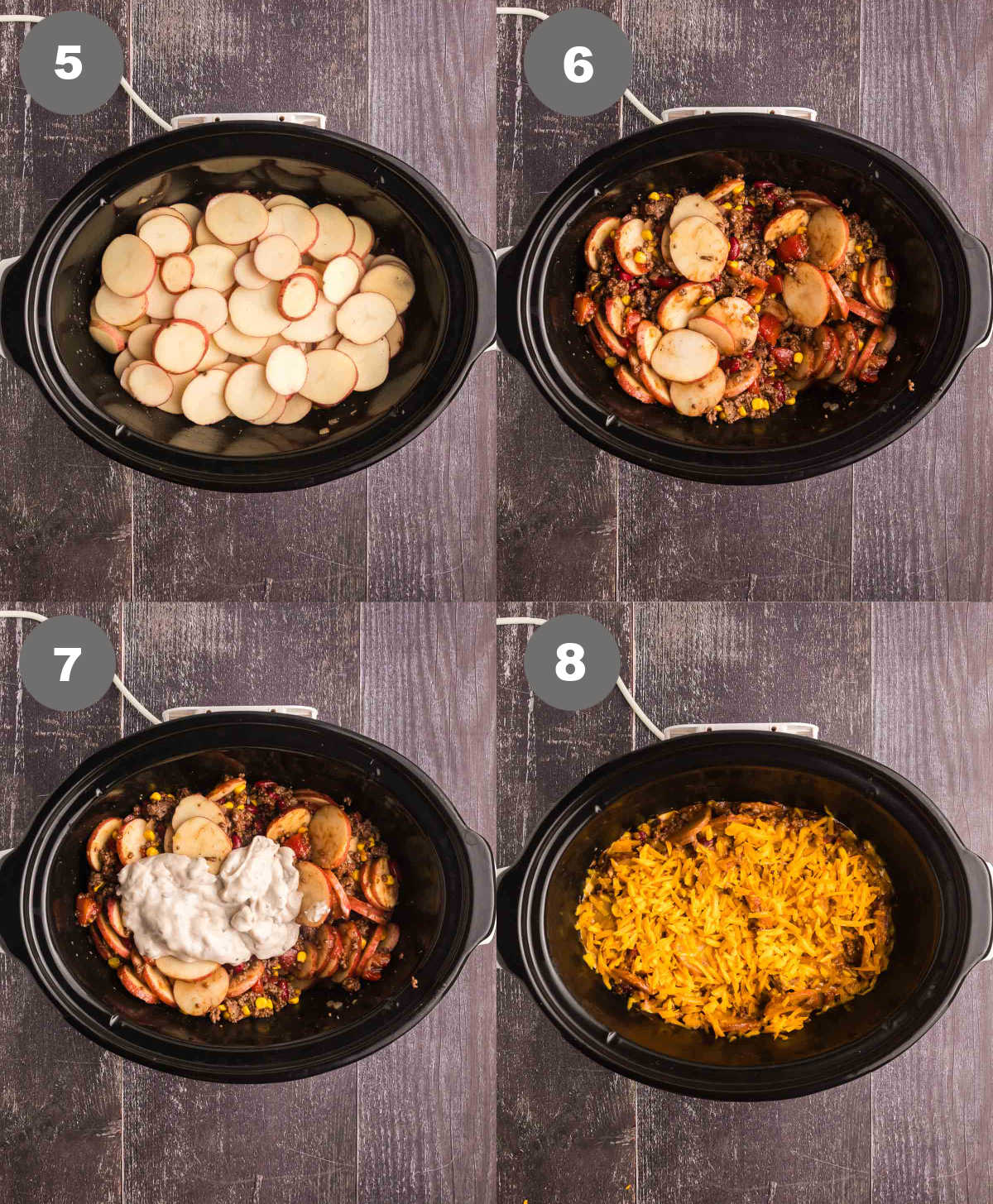 Steps 5 through 8 for making cowboy casserole.