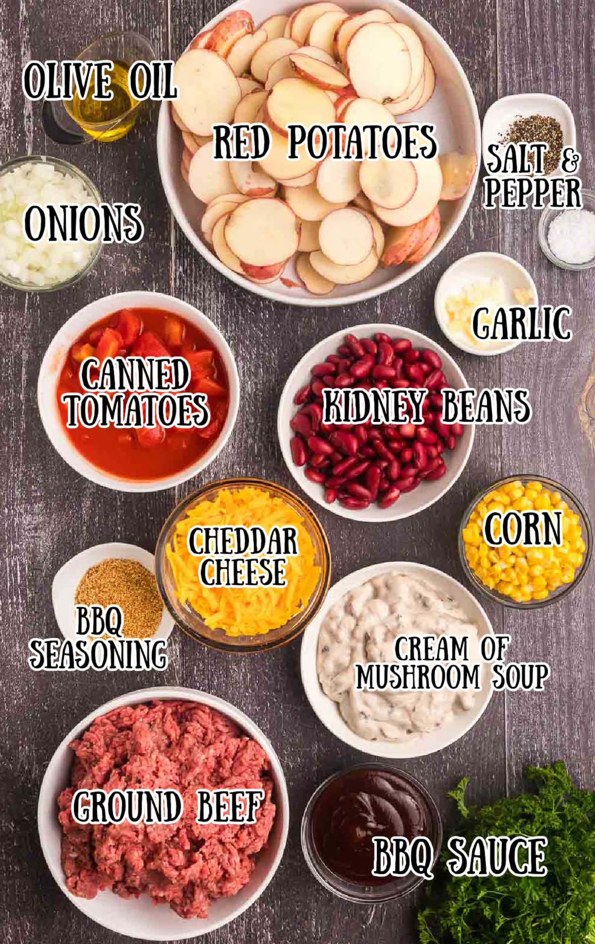 Labeled ingredients for slow cooker cowboy casserole.