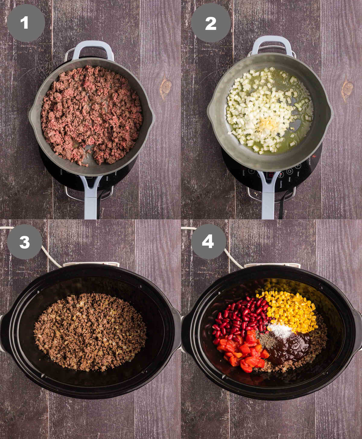 Steps 1 to 4 for making slow cooker cowboy casserole.