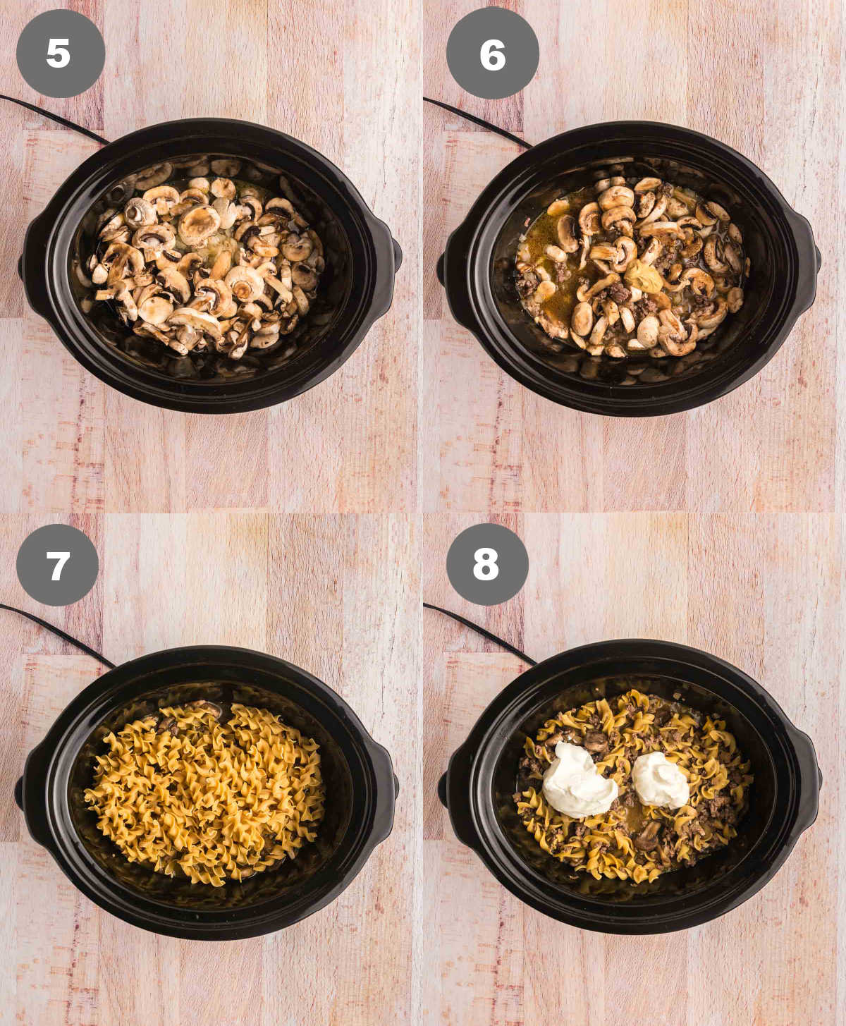 Steps 5 through 8 for making ground beef slow cooker stroganoff.