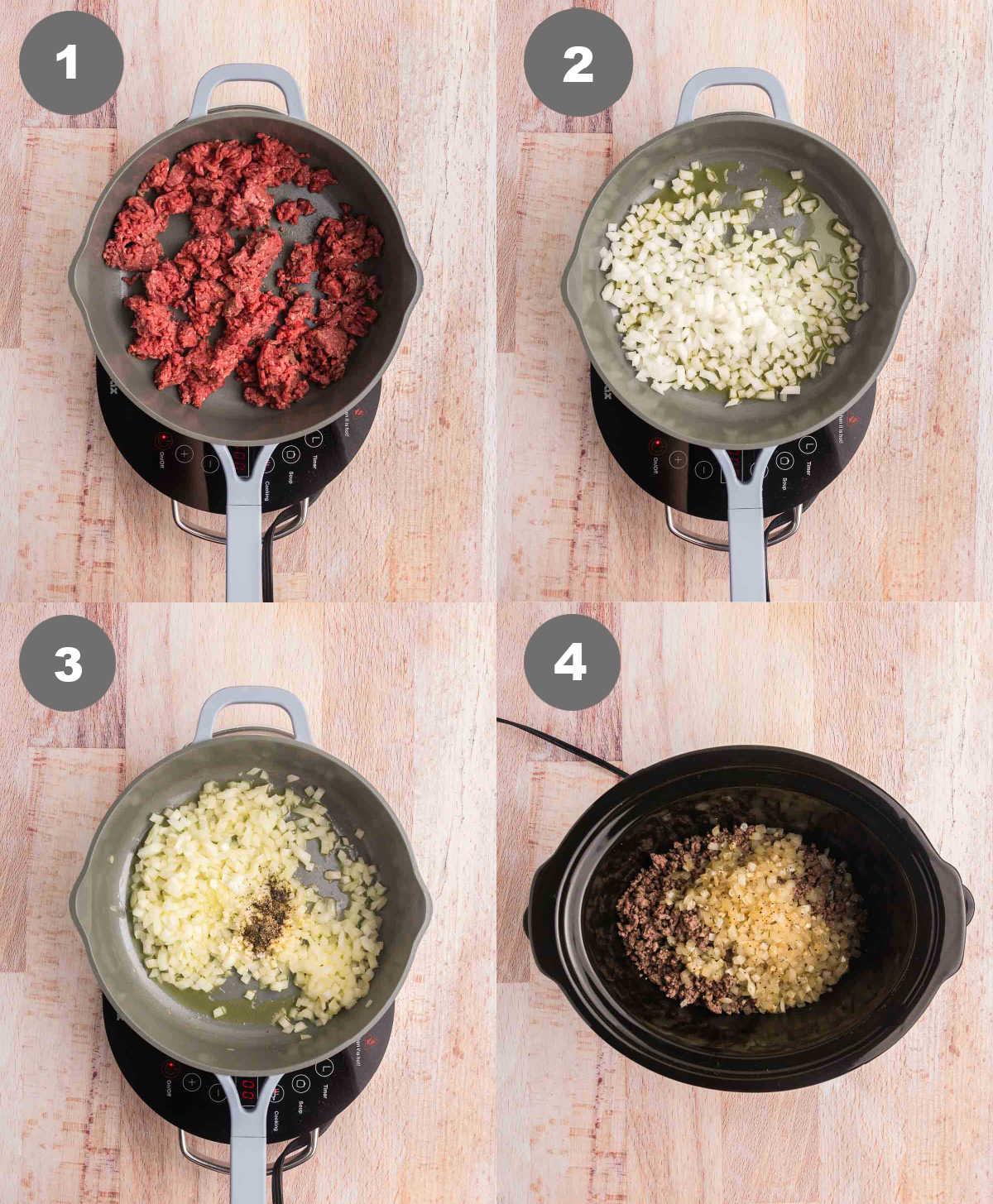 Steps 1 through 4 for making ground beef slow cooker stroganoff.