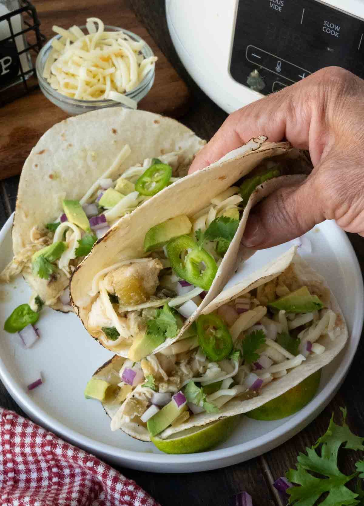 Holding up a salsa verde chicken taco.