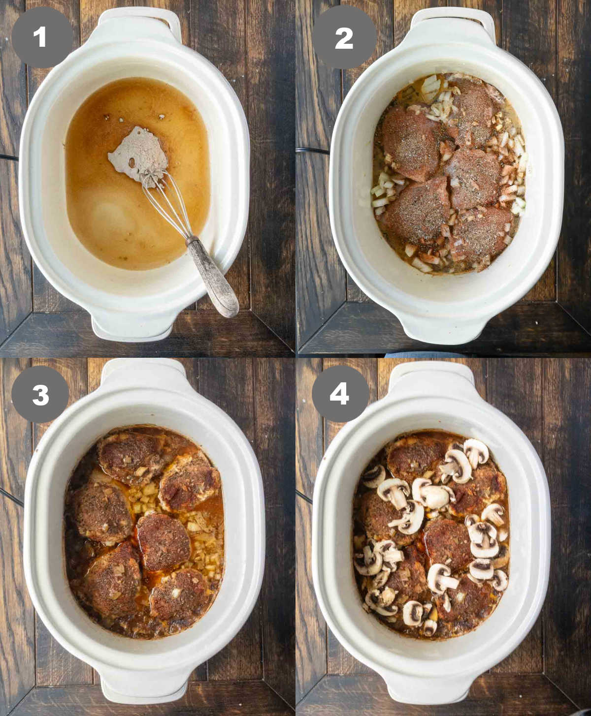Steps 1 through 4 for making slow cooker smothered chicken.