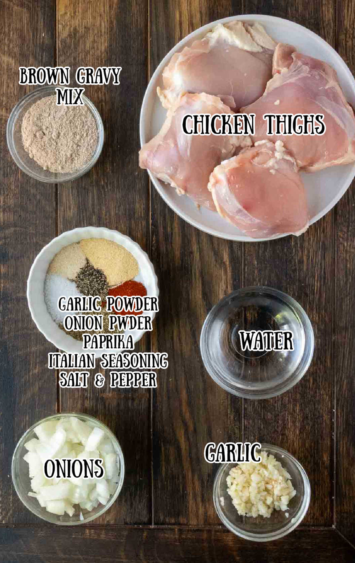 Labeled ingredients for slow cooker smothered chicken.