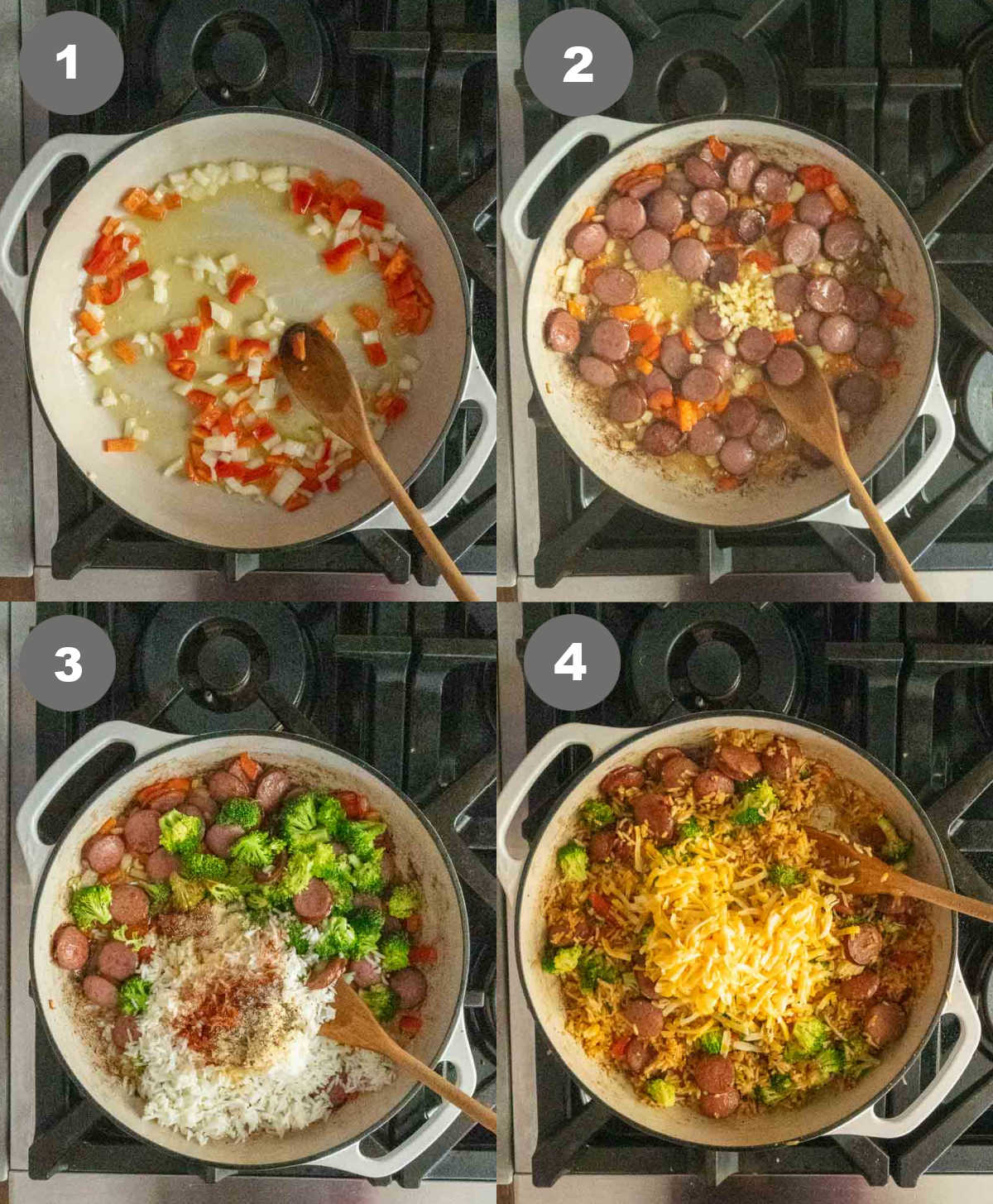 Peppers and onion sauteed in a skillet then sausage, rice, broccoli and cheese added.
