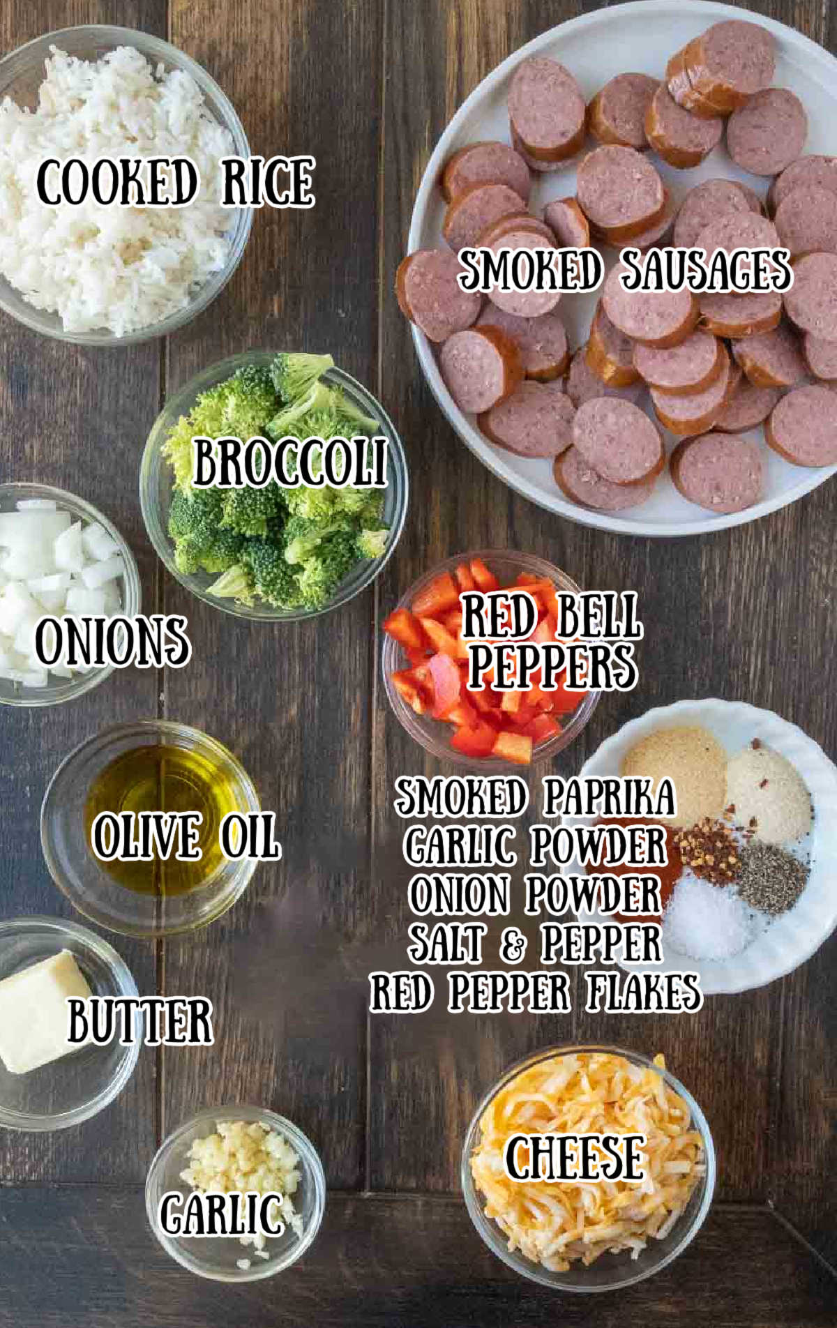 All of the ingredients needed for the sausage rice skillet.