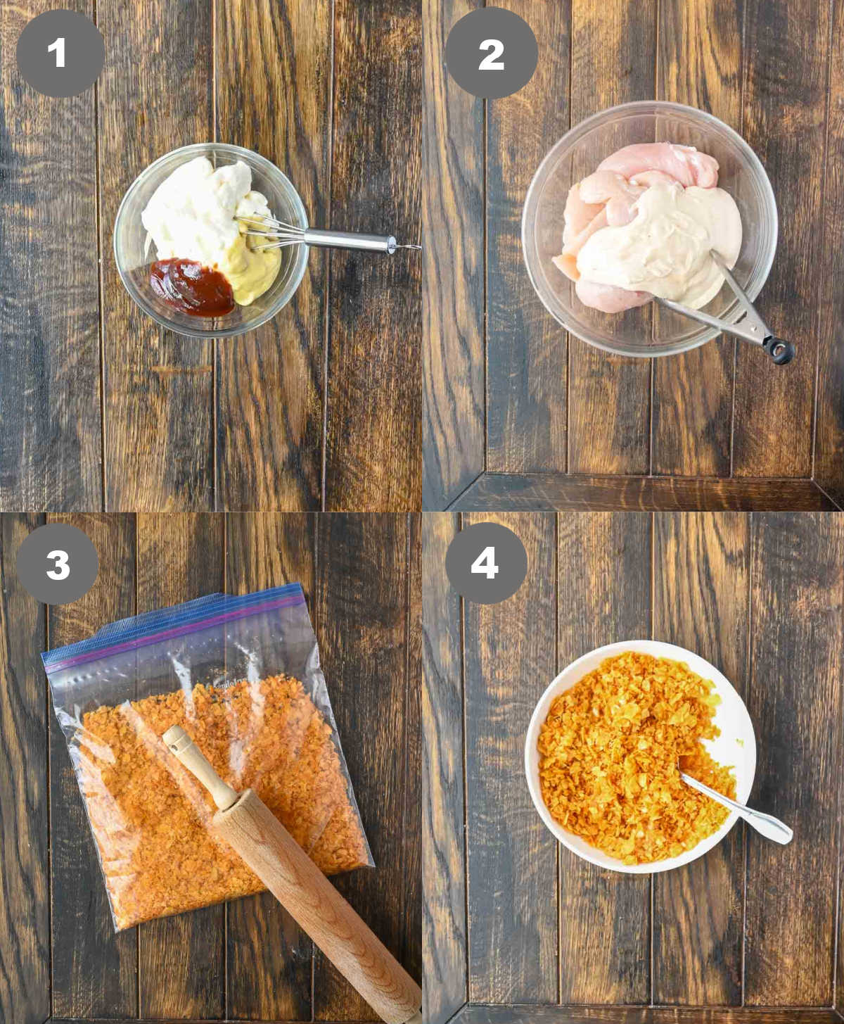 Steps 1 through 4 for making potato chip chicken.