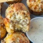 Pinterest graphic featuring sausage muffins with gravy.