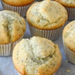 Pinterest graphic featuring almond poppy seed muffins.