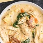 Pinterest graphic featuring white lasagna soup.