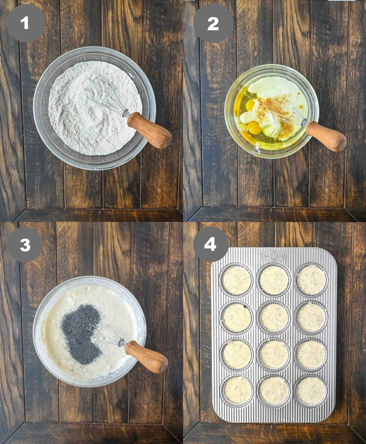 Steps 1 through 4 for making almond poppy seed muffins.