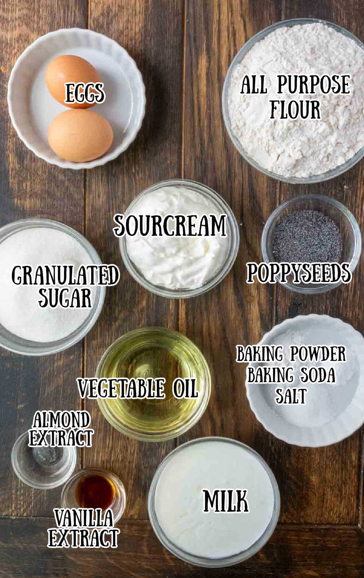 Labeled ingredients for almond poppy seed muffins.