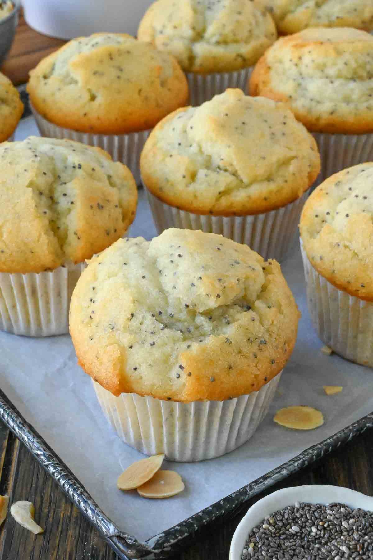 A tray of almond poppy seed muffins.
