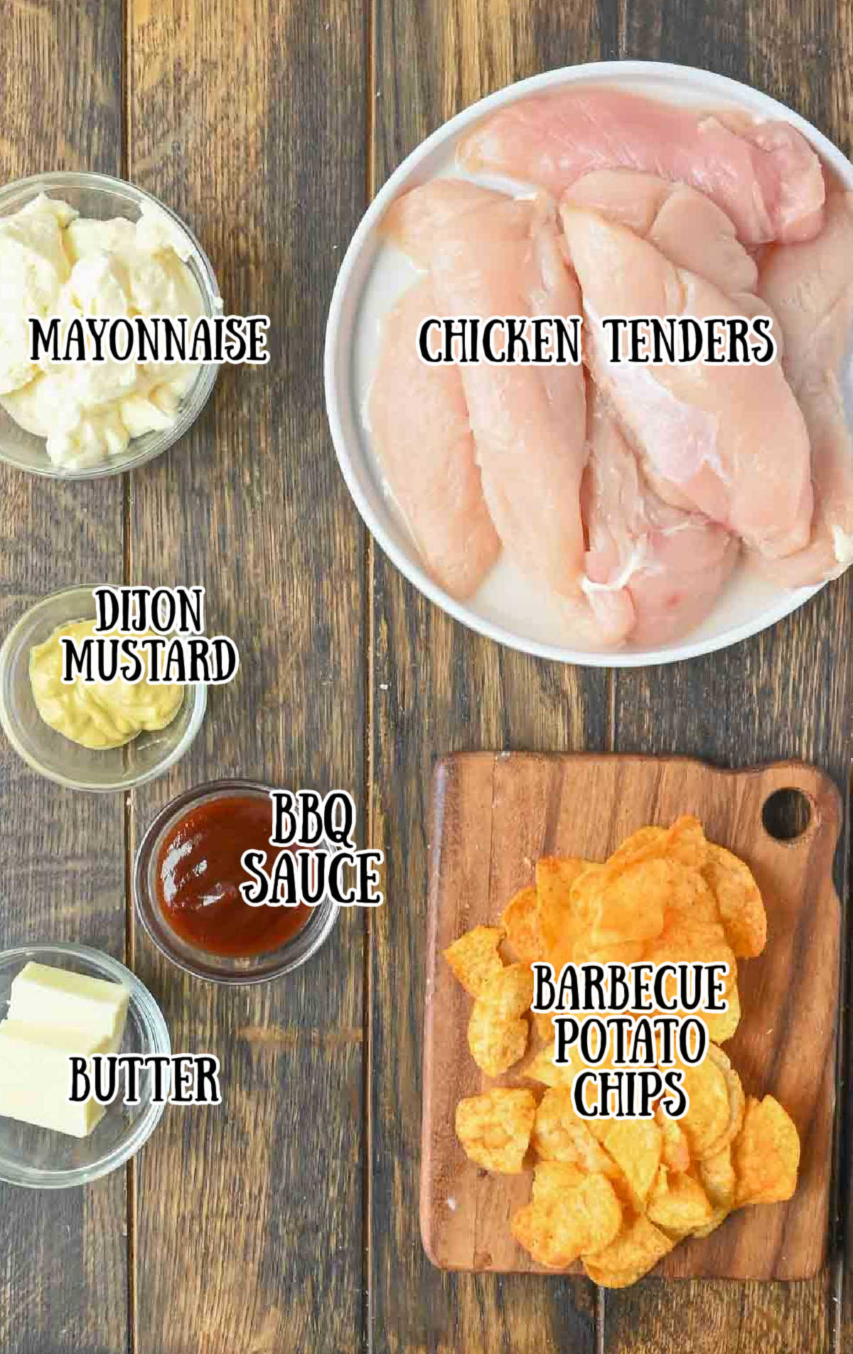 Labeled ingredients for potato chip chicken tenders.