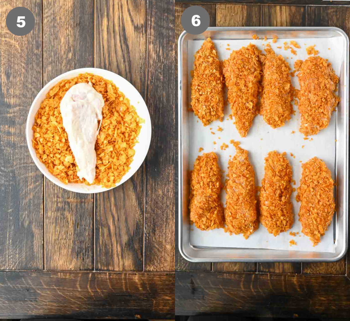 Steps 5 and 6 for making potato chip chicken tenders.