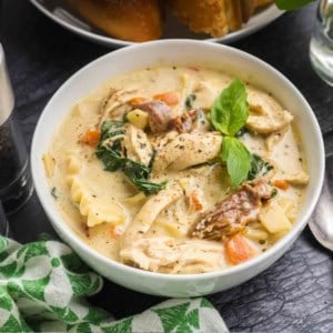 A bowl of white chicken lasagna soup.