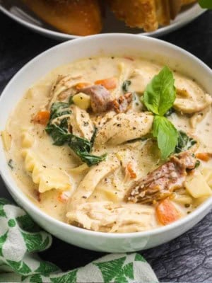 A bowl of white chicken lasagna soup.