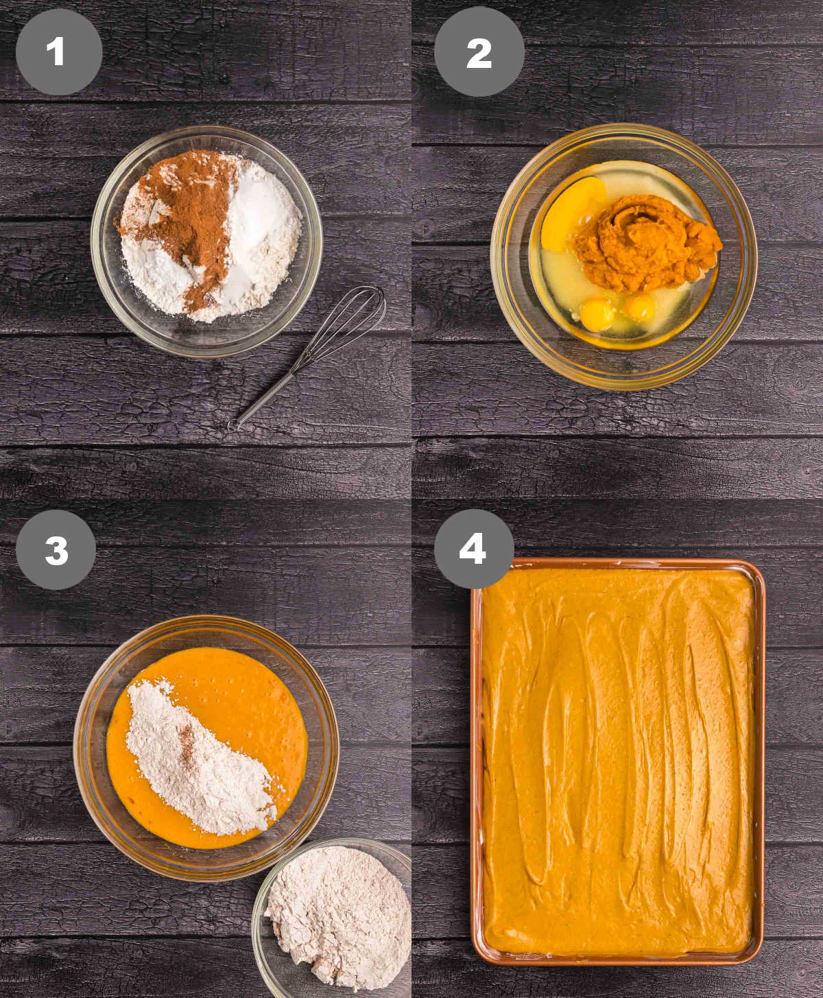 Steps 1 through 4 for making pumpkin sheet cake.