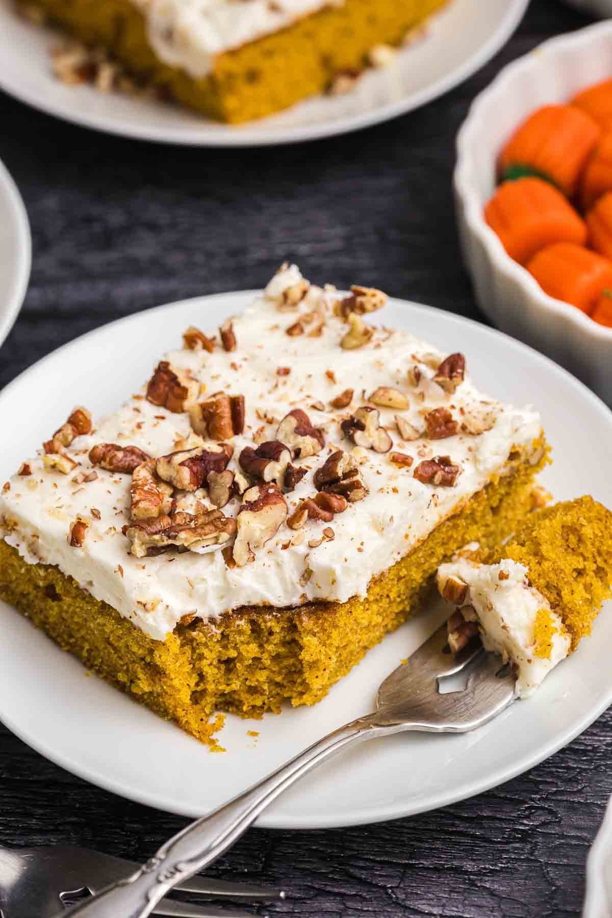 A plate of pumpkin sheet cake.