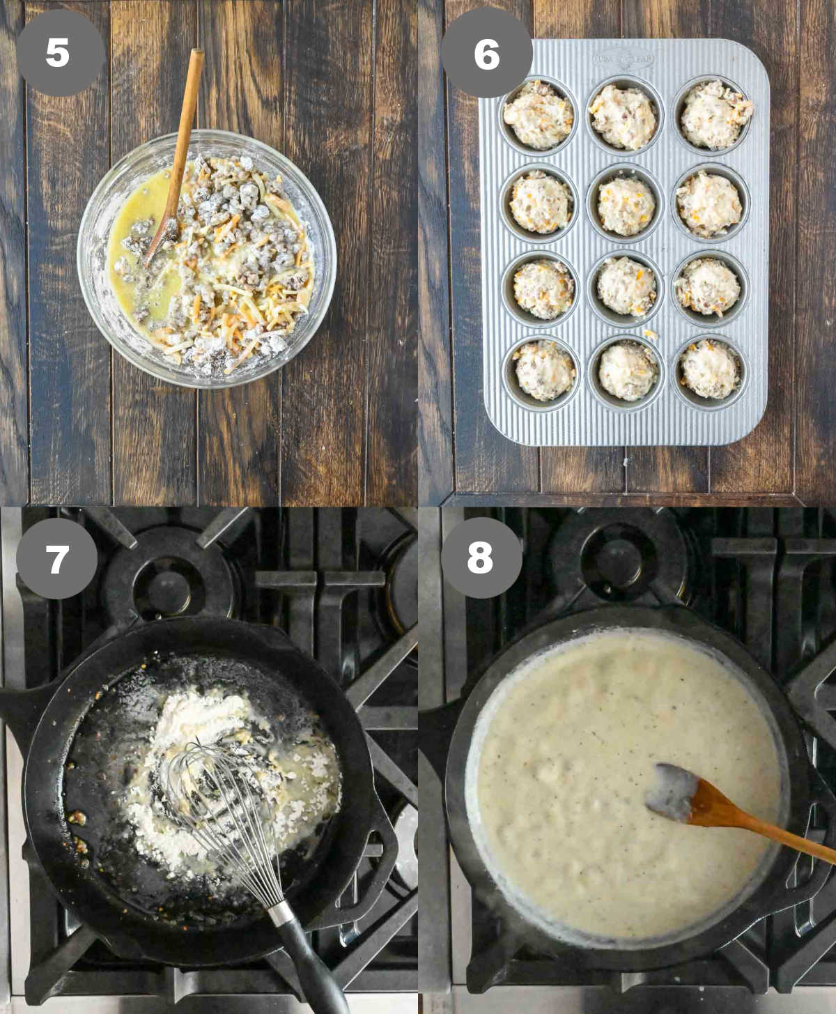 Steps 5 through 8 for making sausage muffins and gravy.